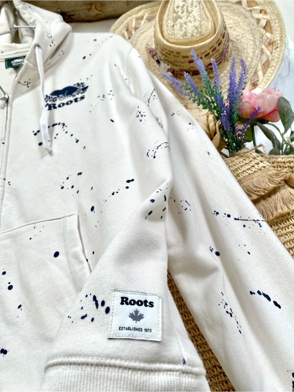 ROOTS Artisan paint splatter full zip kanga hoody cottagecore cabin vacay vibe - Picture 8 of 16